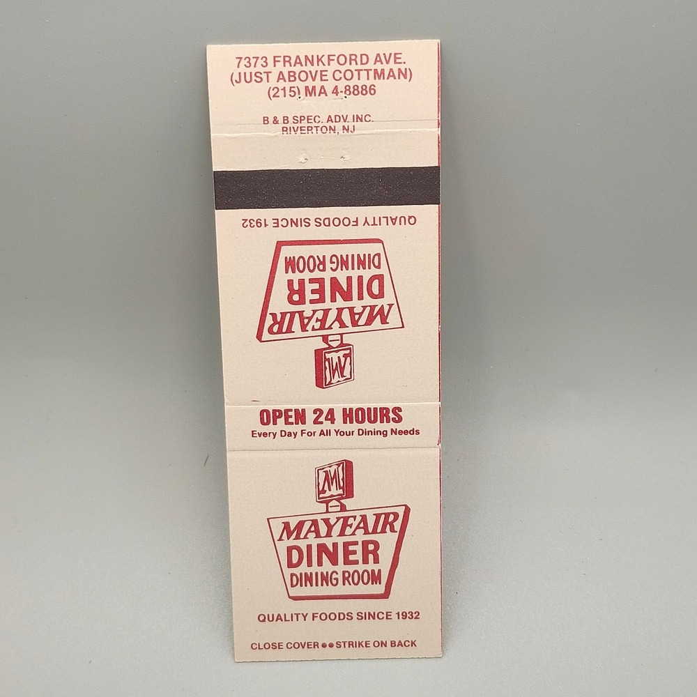 Vintage Mayfair Diner Dining Room Matchbook Cover Philadelphia PA Advertising